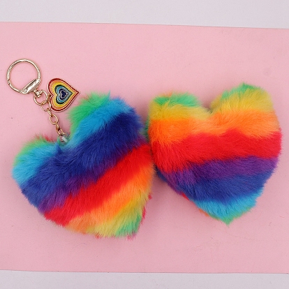 Imitation Rabbit Fur Keychain, with Zinc Alloy Clasp, Heart