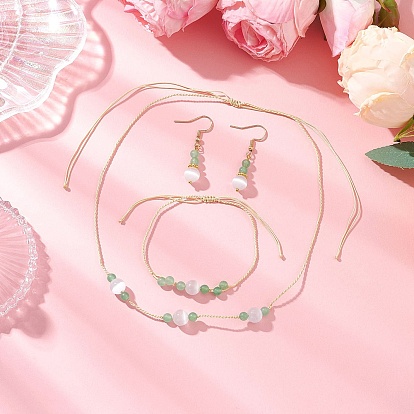 Комплект из круглого натурального малайзийского нефрита и бусин кошачьего глаза, браслета и сережек-подвесок, с нейлоновой нитью и 304 крючками для сережек из нержавеющей стали