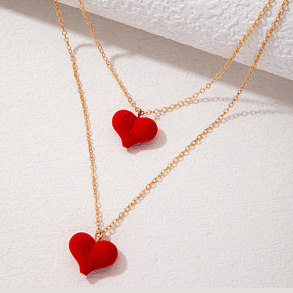 Sweet and Cool Heart Pendant Necklace for Women - Double Layer Velvet Chain with Two Hearts, Perfect for Layering