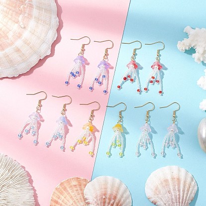 304 из нержавеющей стали болтаться серьги, с подвесками из плетеного стекла в виде медузы и стеклянными бусинами, золотые