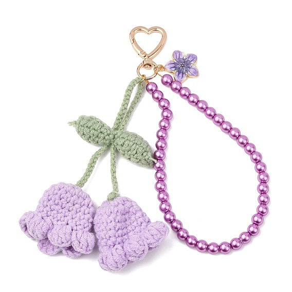 Подвеска ручной работы из хлопковой пряжи, связанная крючком, с ландышами и стеклянными жемчужинами, круглыми бусинами, с поворотными застежками в форме сердца из сплава