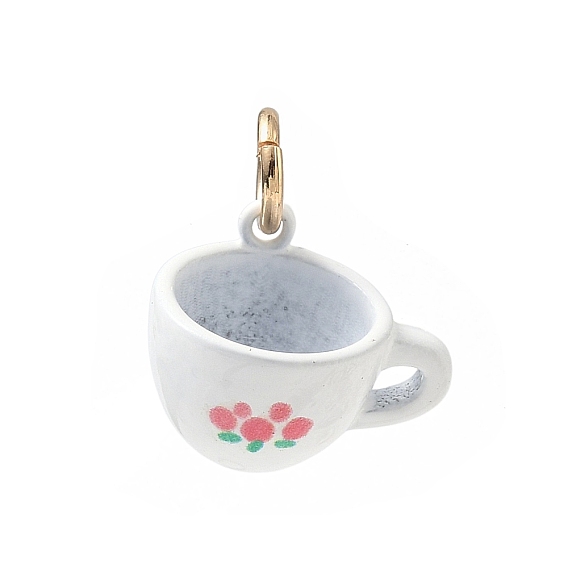Spray Painted Brass Charms, Cup with Floral Pattern Charms, Golden