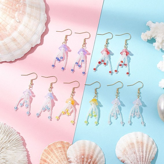 304 из нержавеющей стали болтаться серьги, с подвесками из плетеного стекла в виде медузы и стеклянными бусинами, золотые