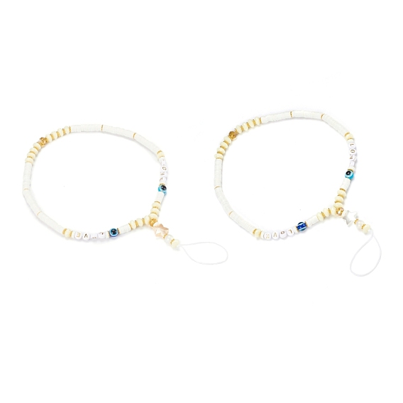 Polymer Clay Heishi Beaded Mobile Straps, with Acrylic Beads, Evil Eye Resin Beads and Nylon Thread