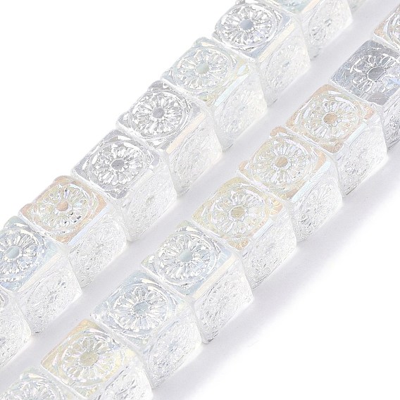 Прозрачные стеклянные бусины гальваническим пряди, с покрытием AB цвета, Кубик с цветком