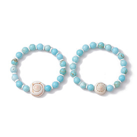 Summer Beach Natural Shell/Dyed Synthetic Turquoise Bead Bracelets, 8mm Dyed Natural Magnesite Round/Disc Natural Sea Shell Beaded Stretch Bracelets for Women
