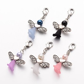 Стекло жемчуг подвеска, Сплавочные овальные бусины тибетского стиля , Прозрачные акриловые бусины, с застежкой омар коготь, прекрасное свадебное платье ангел болтаться, античное серебро