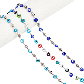 NBEADS Handmade Lampwork Flat Round Evil Eye Beads Chains for Necklaces Bracelets Making, with Iron Eye Pin