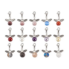 Ensembles de pendentifs, avec pendentifs en verre et perle de verre et oeil de chat, avec 304 pinces de homard en acier inoxydable et perles d'alliage, ronde avec l'aile