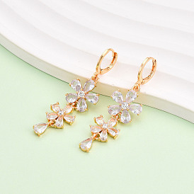 Brass Micro Pave Clear Cubic Zirconia Leverback Earrings, Long-Lasting Plated, Flower, Golden