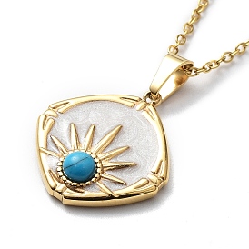 Synthetic Turquoise Rhombus with Sun Pendant Necklace with Enamel, Ion Plating(IP) 304 Stainless Steel Necklace