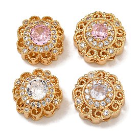 Brass Micro Pave Cubic Zirconia Beads, with Glass, Real 18K Gold Plated, Round