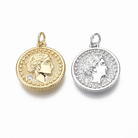 Brass Micro Pave Clear Cubic Zirconia Pendants, Flat Round with Jump Ring, Nickel Free