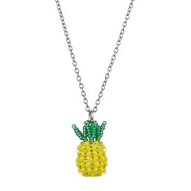 Pineapple Woven Glass Seed Beads Pendant Necklaces, 304 Stainless Steel Cable Chain Necklaces for Women, Yellow