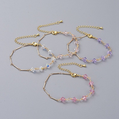 Pulseras de cuentas de cristal austriaco bicono, con cadenas de eslabones de latón chapados en oro de 18 k reales, extensor de cadena de latón y cierres de pinza de langosta