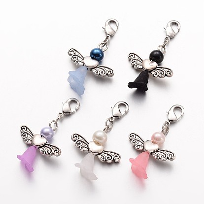 Стекло жемчуг подвеска, Сплавочные овальные бусины тибетского стиля , Прозрачные акриловые бусины, с застежкой омар коготь, прекрасное свадебное платье ангел болтаться, античное серебро