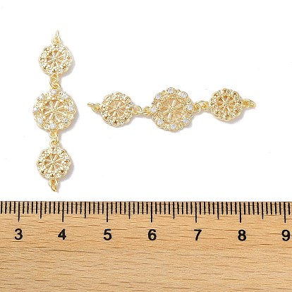Brass Pave Clear Cubic Zirconia Connector Charms, Triple Flower Links with Jump Rings