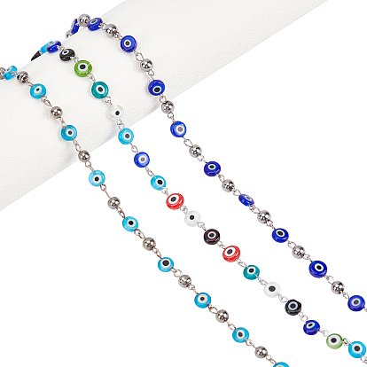 Handmade Lampwork Flat Round Evil Eye Beads Chains for Necklaces Bracelets Making, with Iron Eye Pin