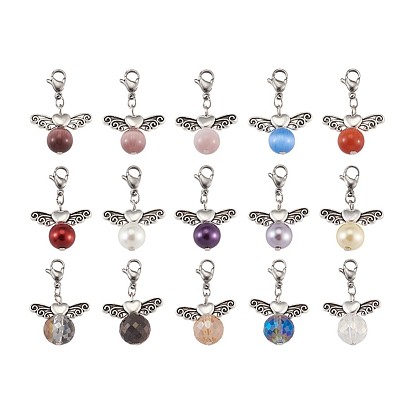 Ensembles de pendentifs, avec pendentifs en verre et perle de verre et oeil de chat, avec 304 pinces de homard en acier inoxydable et perles d'alliage, ronde avec l'aile