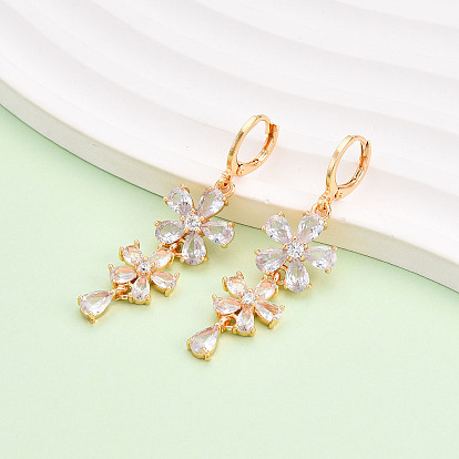 Серьги с застежкой-защелкой из латуни с прозрачным фианитом и прозрачным фианитом, долговечный, цветок, золотые