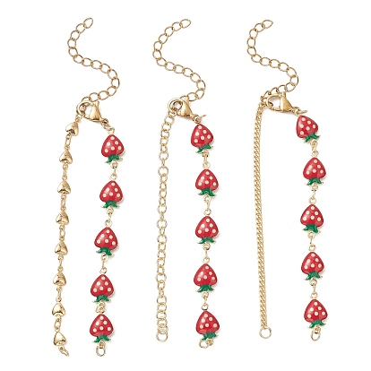 3шт. 3 стили латунный эмалированный красный клубничный браслет-цепочка для изготовления, с 304 цепями из нержавеющей стали и 304 застежками из лобстера из нержавеющей стали