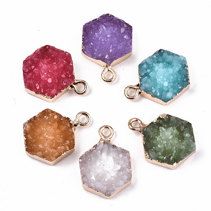 Druzy Resin Pendants, with Edge Light Gold Plated Iron Loops, Hexagon