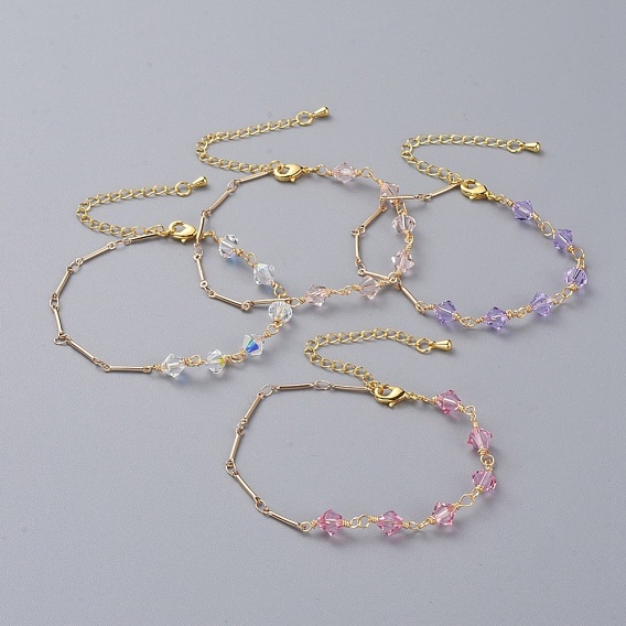 Bicone Austrian Crystal Beaded Bracelets, with Real 18K Gold Plated Brass Bar Link Chains, Brass Chain Extender and Lobster Claw Clasps