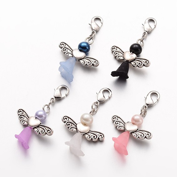 Стекло жемчуг подвеска, Сплавочные овальные бусины тибетского стиля , Прозрачные акриловые бусины, с застежкой омар коготь, прекрасное свадебное платье ангел болтаться, античное серебро