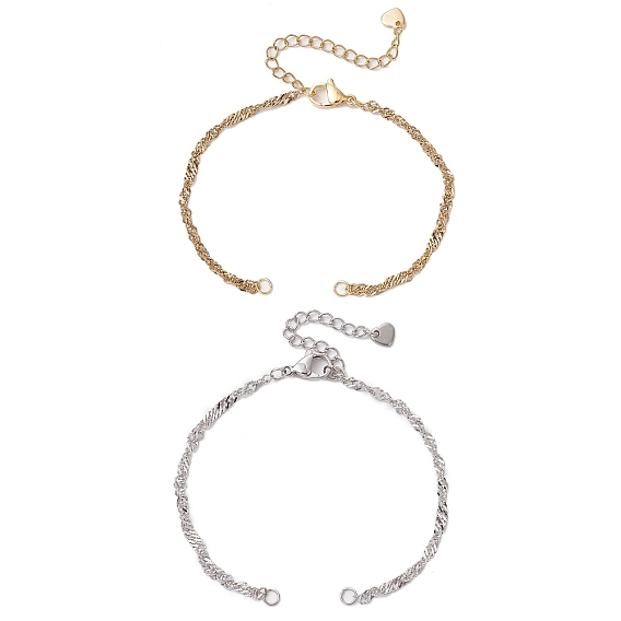 2Pcs 2 Colors 304 Stainless Steel Singapore Chain Bracelet Makings, with Heart End Charms