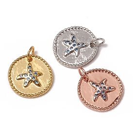 Brass Micro Pave Cornflower Blue Cubic Zirconia Charms, with Jump Rings, Long-Lasting Plated, Flat Round with Starfish/Sea Stars