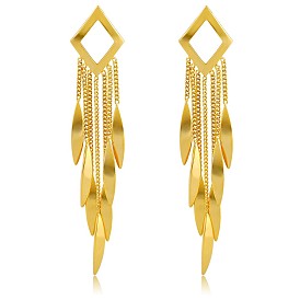Brass Rhombus Chandelier Earrings, Leaf Tassel Earrings with Sterling Silver Pins for Women