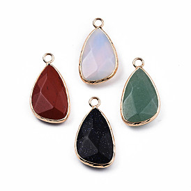Natural/Synthetic Stone Pendants, with Light Gold Plated Brass Findings, Faceted, Teardrop Charm