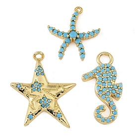 Brass Micro Pave Deep Sky Blue Cubic Zirconia Pendants, Star/Sea Horse/Starfish Charms, Rack Plating, Long-Lasting Plated, Cadmium Free & Lead Free