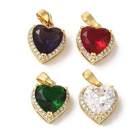 Brass Micro Pave Cubic Zirconia Pendants, with Glass, Real 18K Gold Plated, Heart
