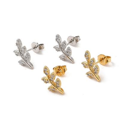 Cubic Zirconia Leaf Stud Earrings, Rack Plating Brass Jewelry for Women, Cadmium Free & Lead Free