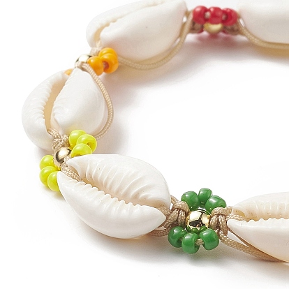 Natural Cowrie Shell & Glass Seed Flower Braided Bead Bracelets for Women