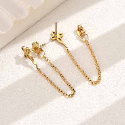 Fashionable 201 Stainless Steel Flower Stud Earrings, Chain Charm