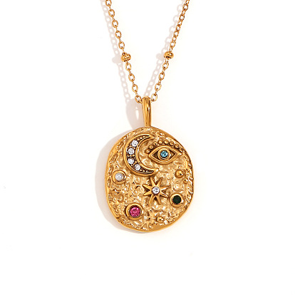 304 Collares de acero inoxidable con colgante ovalado de estrella y luna, con diamantes de imitación de colores, para mujer.