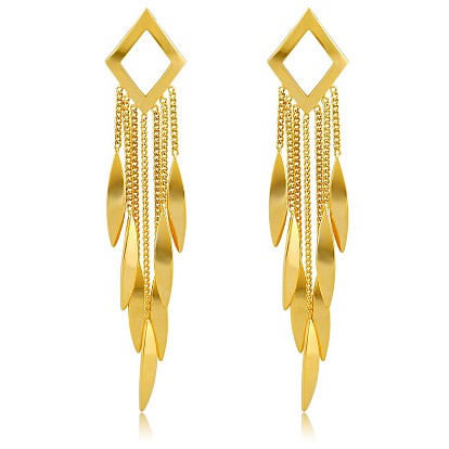 Brass Rhombus Chandelier Earrings, Leaf Tassel Earrings with Sterling Silver Pins for Women