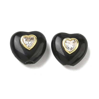 Cuentas de obsidiana naturales, corazón, con hallazgos de circonita cúbica clar micro pavé de latón, dorado