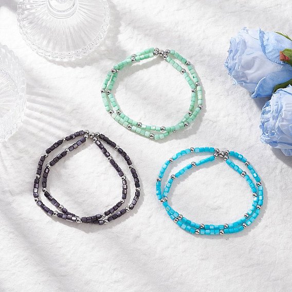 3шт 3 цвета натуральные пресноводные ракушки бусины двухслойные эластичные браслеты для женщин, колонка, с платиновыми латунными бусинами