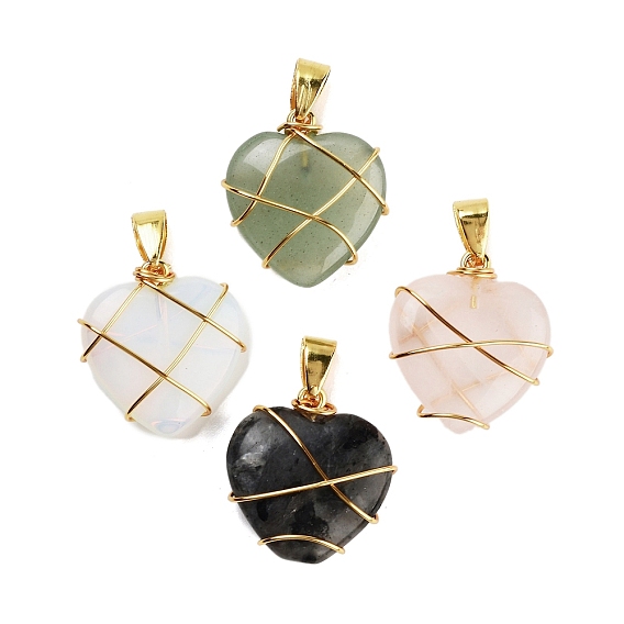 Cmешанные подвески драгоценных камней, Подвески-сердечки, обернутые медной проволокой, золотые