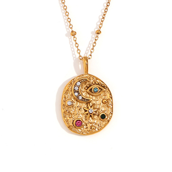 304 Stainless Steel Colorful Rhinestone Oval with Moon Star Pendant Necklaces for Women