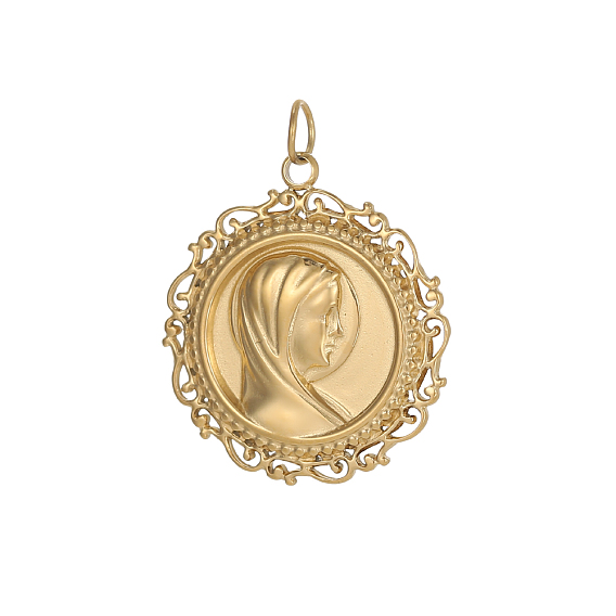 304 подвески из нержавеющей стали, плоский круглый с подвесками Девы Марии, ионное покрытие (ip), с целью перехода в кольце