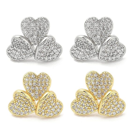 Rack Plating Brass Micro Pave Clear Cubic Zirconia Stud Earrings for Women, Cadmium Free & Lead Free, Long-Lasting Plated, Heart