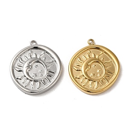 304 Stainless Steel Pendants, Flat Round with Sun Charm