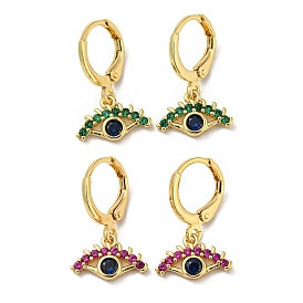 Real 18K Gold Plated Brass Dangle Leverback Earrings, with Glass, Evil Eye
