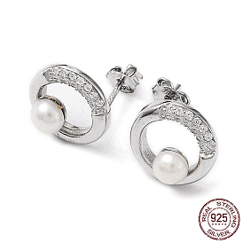 Cubic Zirconia Ring with Natural Pearl Stud Earrings, 925 Sterling Silver Earrings for Women