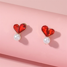 Chic Red Heart Pearl Earrings with Irregular Peach Hearts for Women