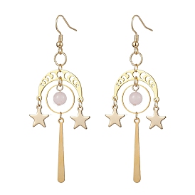 304 & 201 Stainless Steel Dangle Earrings, with Natural Rose Quartz Beads and Brass Earring Hooks, Moon with Star